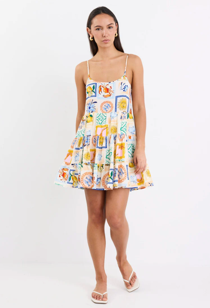 Memphis Holiday Print Strappy Tiered Mini Dress