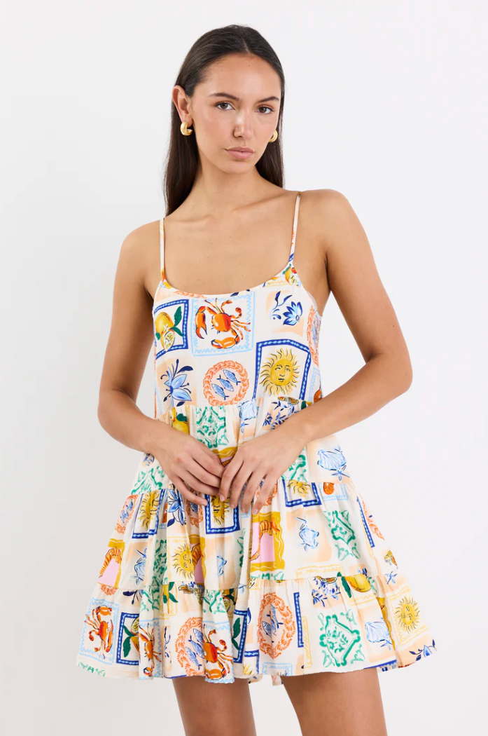 Memphis Holiday Print Strappy Tiered Mini Dress
