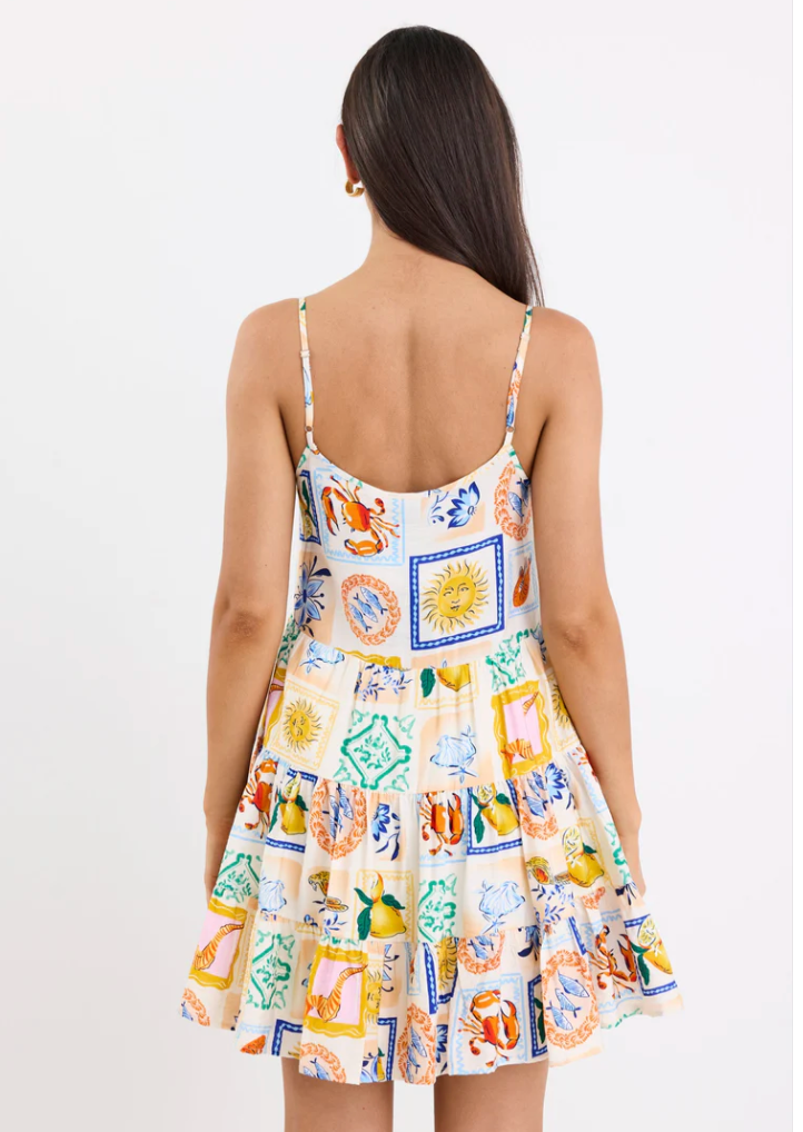 Memphis Holiday Print Strappy Tiered Mini Dress