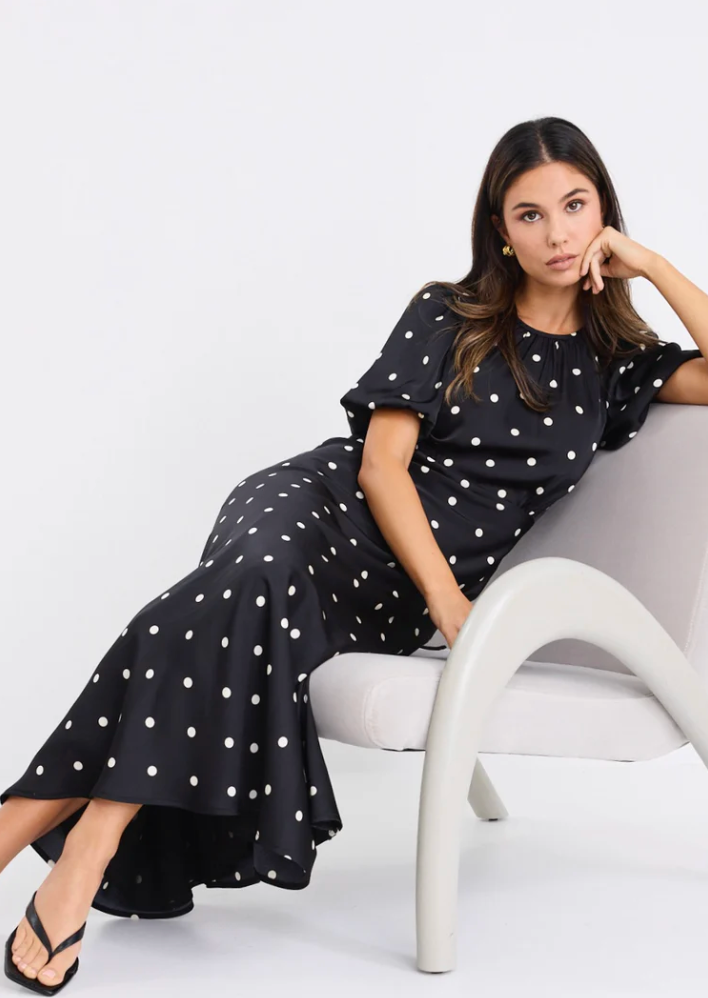 Stage Black Polka Dot Puff Sleeve Floaty Maxi Dress