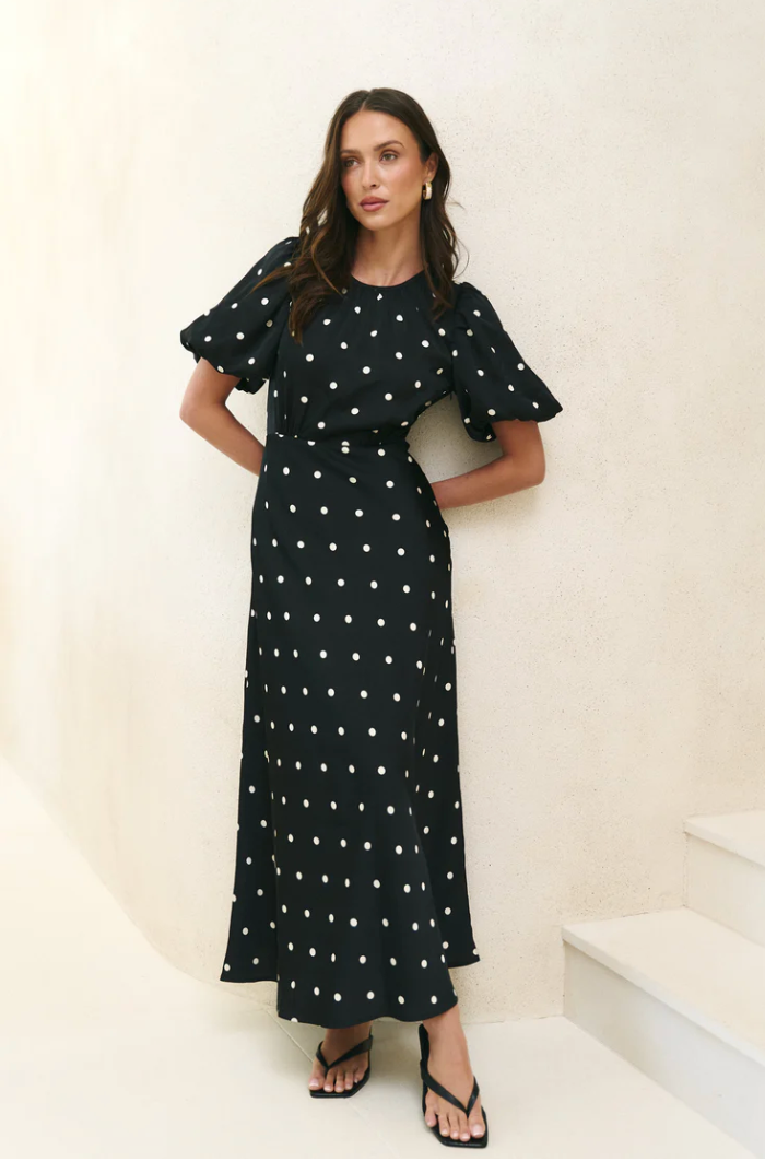 Stage Black Polka Dot Puff Sleeve Floaty Maxi Dress