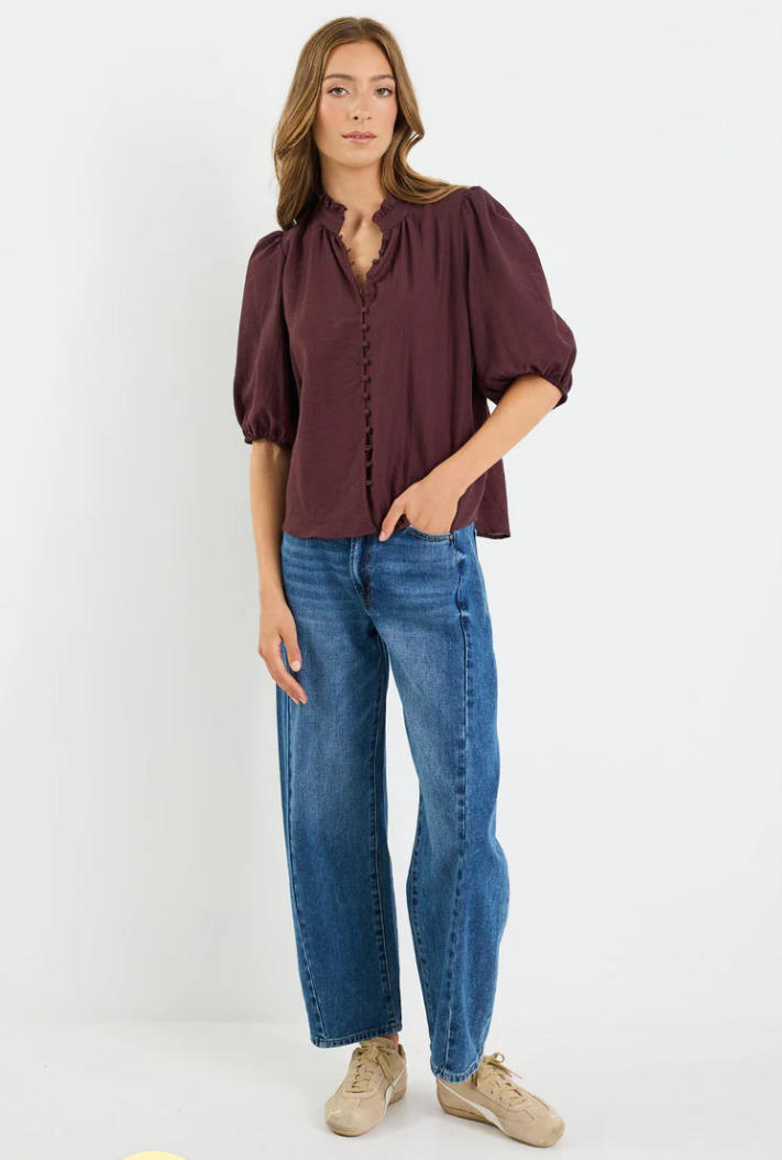 Continuance Chocolate Semi Sheer High Neck Buttoned Short Sleeve Top