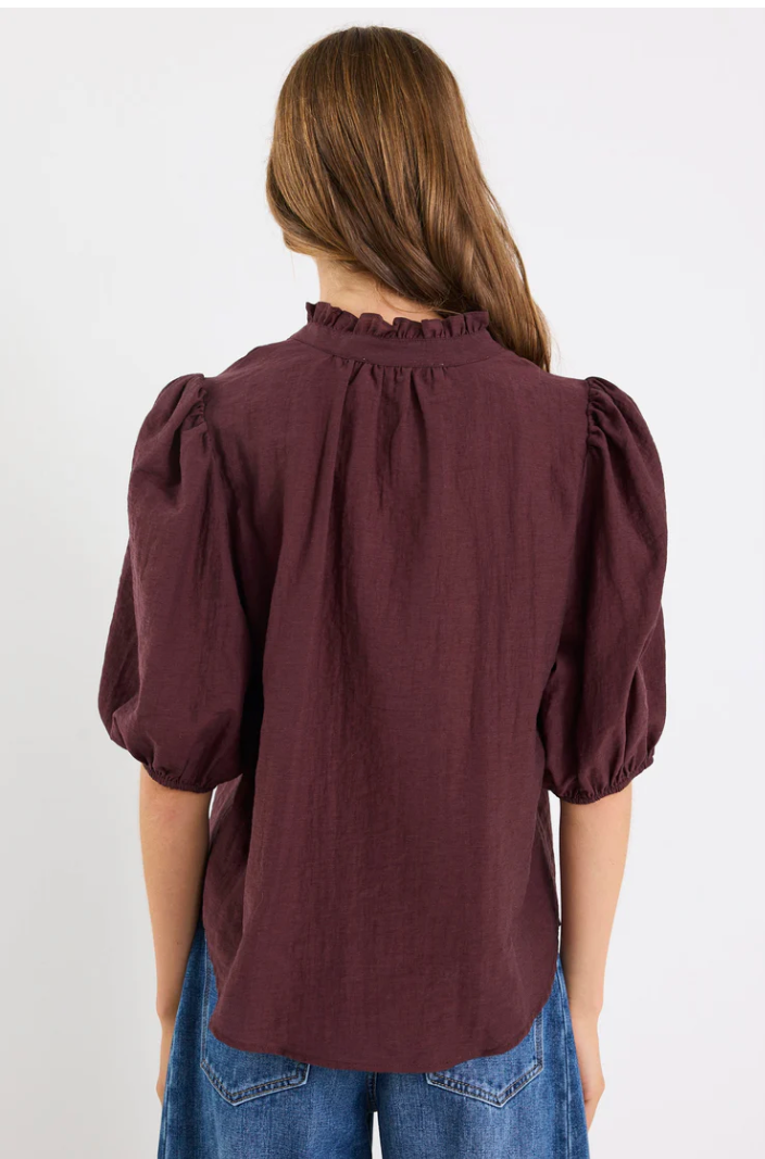 Continuance Chocolate Semi Sheer High Neck Buttoned Short Sleeve Top