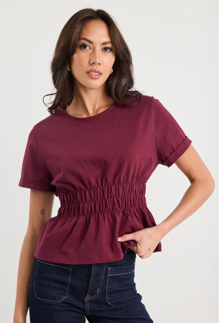 Svelte Burgundy Shirred Detail SS Tee