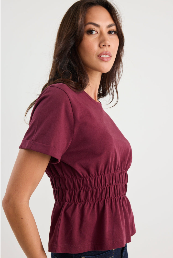 Svelte Burgundy Shirred Detail SS Tee