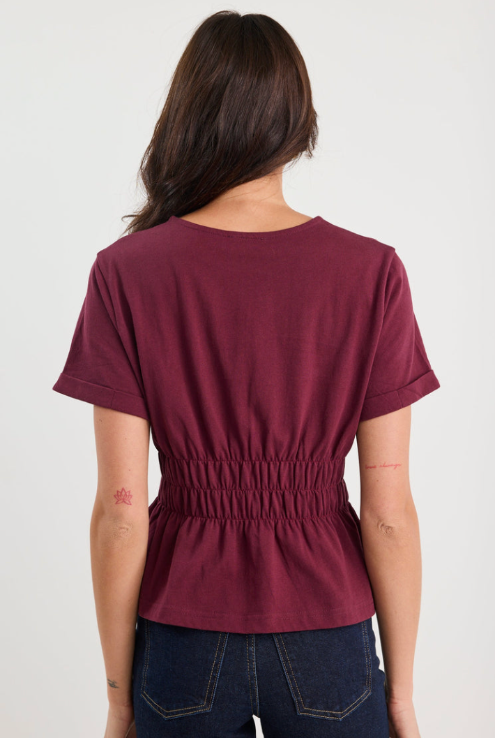 Svelte Burgundy Shirred Detail SS Tee