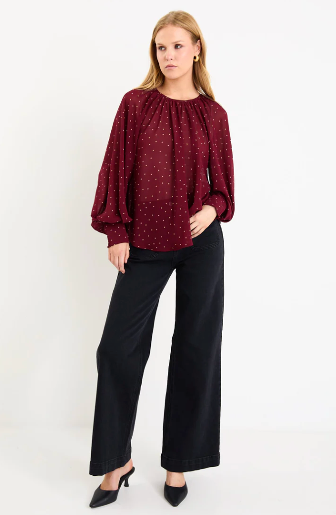 Cosmopolitan Burgundy Polka Dot Crew Neck Floaty LS Top