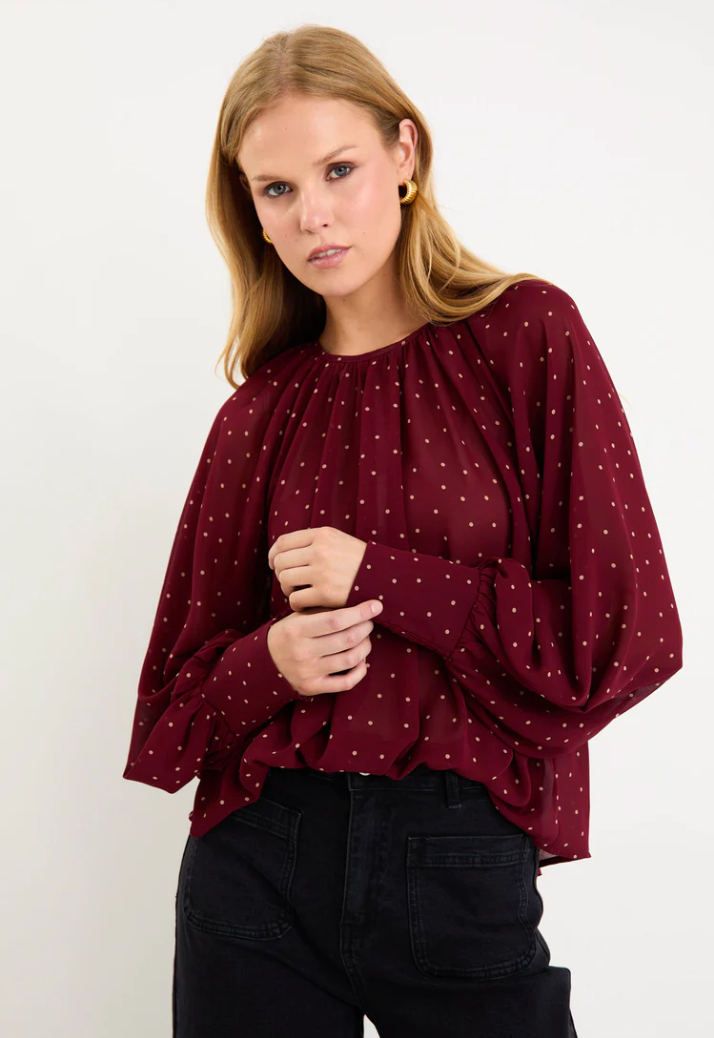 Cosmopolitan Burgundy Polka Dot Crew Neck Floaty LS Top