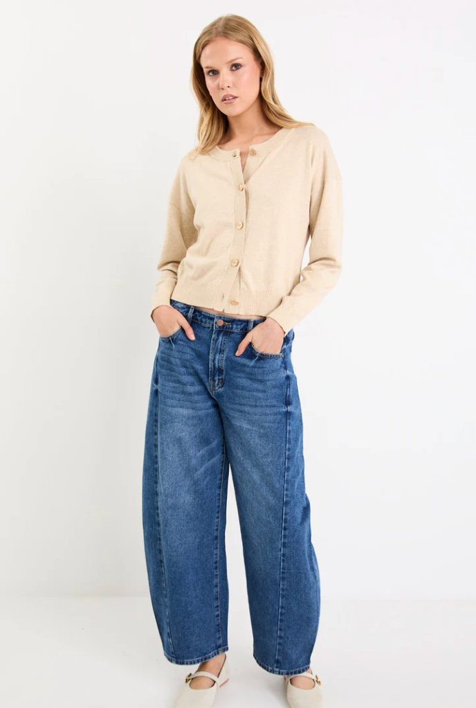 Delight Champagne Cotton Cashmere Fine Knit Crew Cardigan