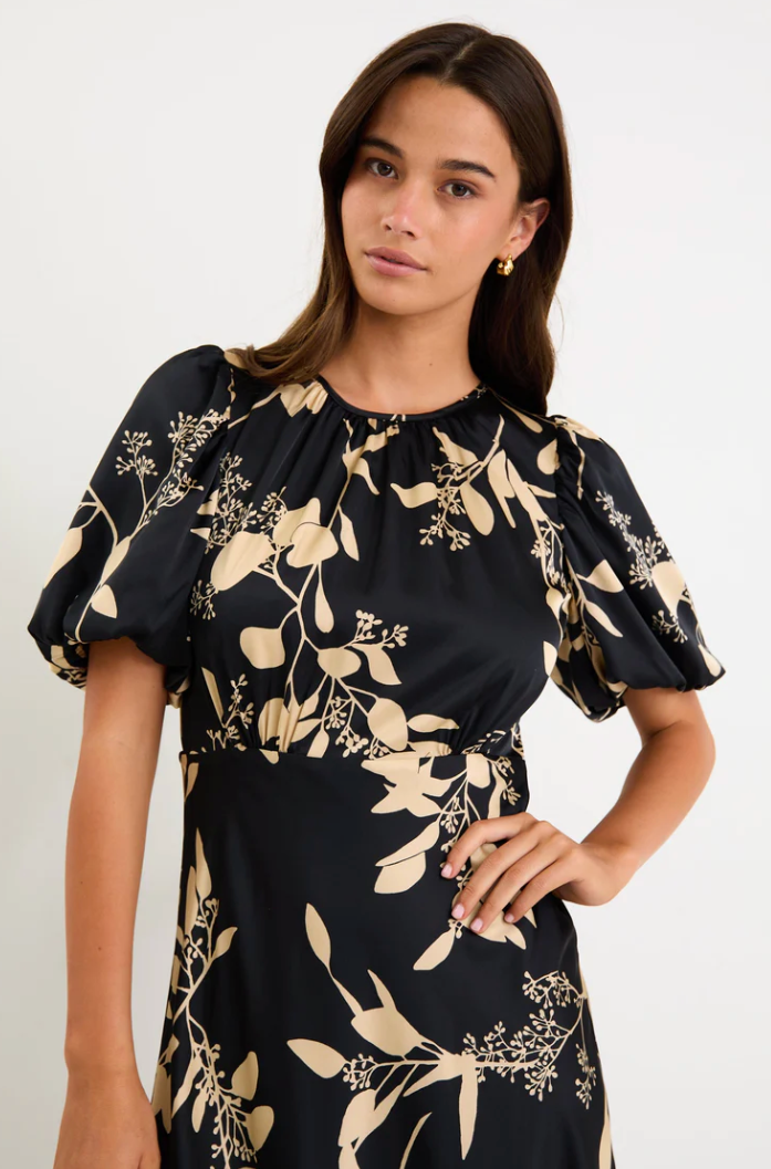 Stage Black Beige Floral Satin Puff Sleeve Floaty Maxi Dress