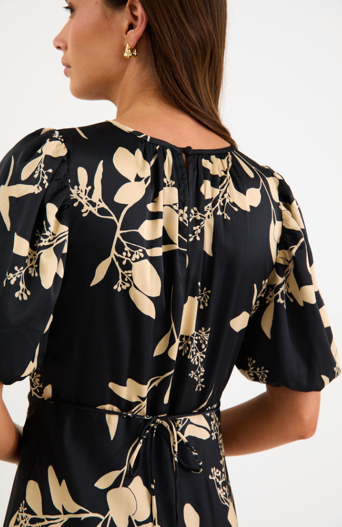 Stage Black Beige Floral Satin Puff Sleeve Floaty Maxi Dress