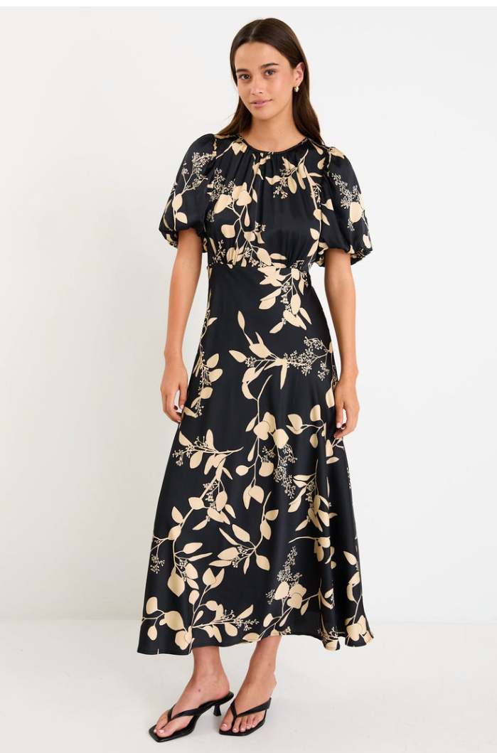Stage Black Beige Floral Satin Puff Sleeve Floaty Maxi Dress