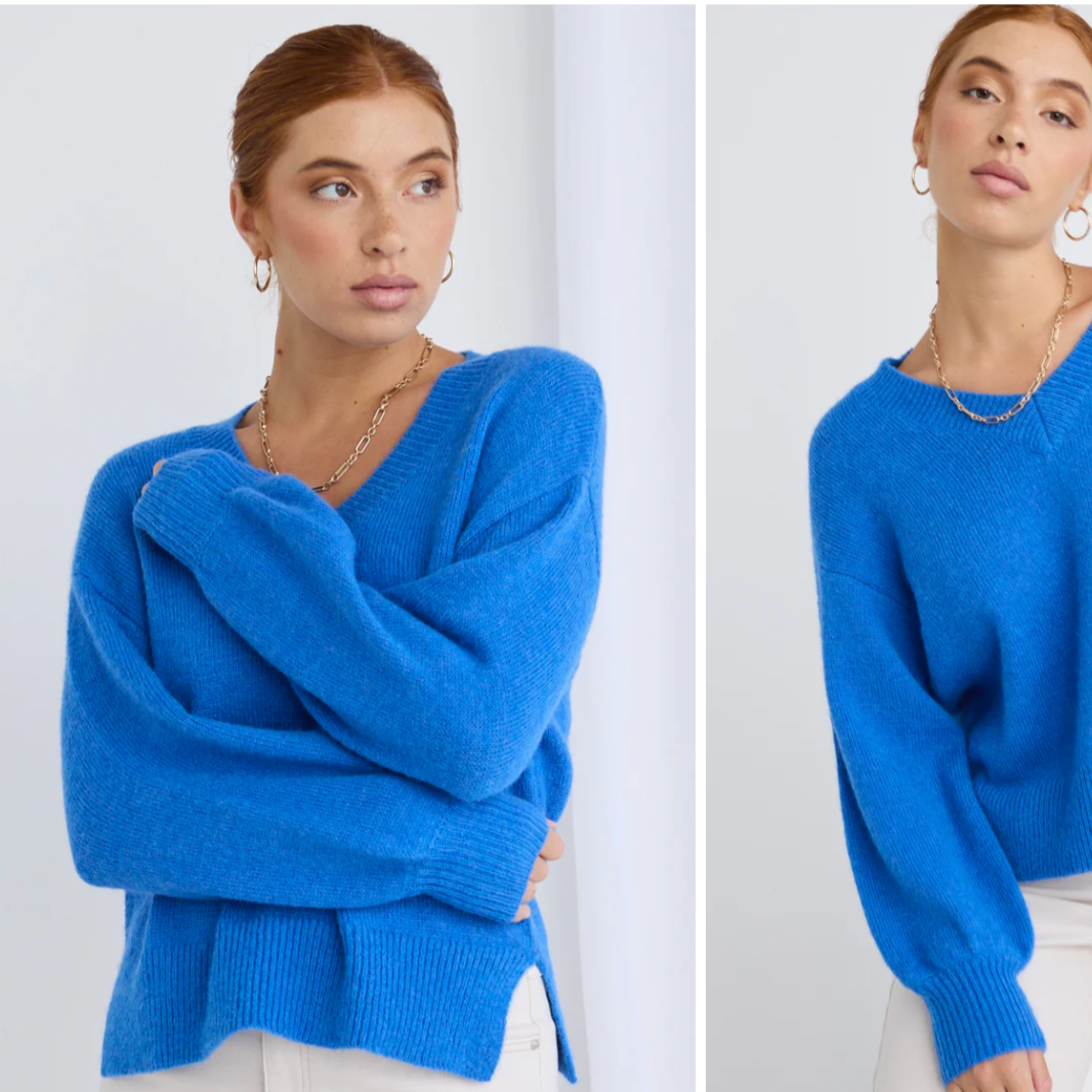 Harvest Azure Blue V Neck Knit Jumper