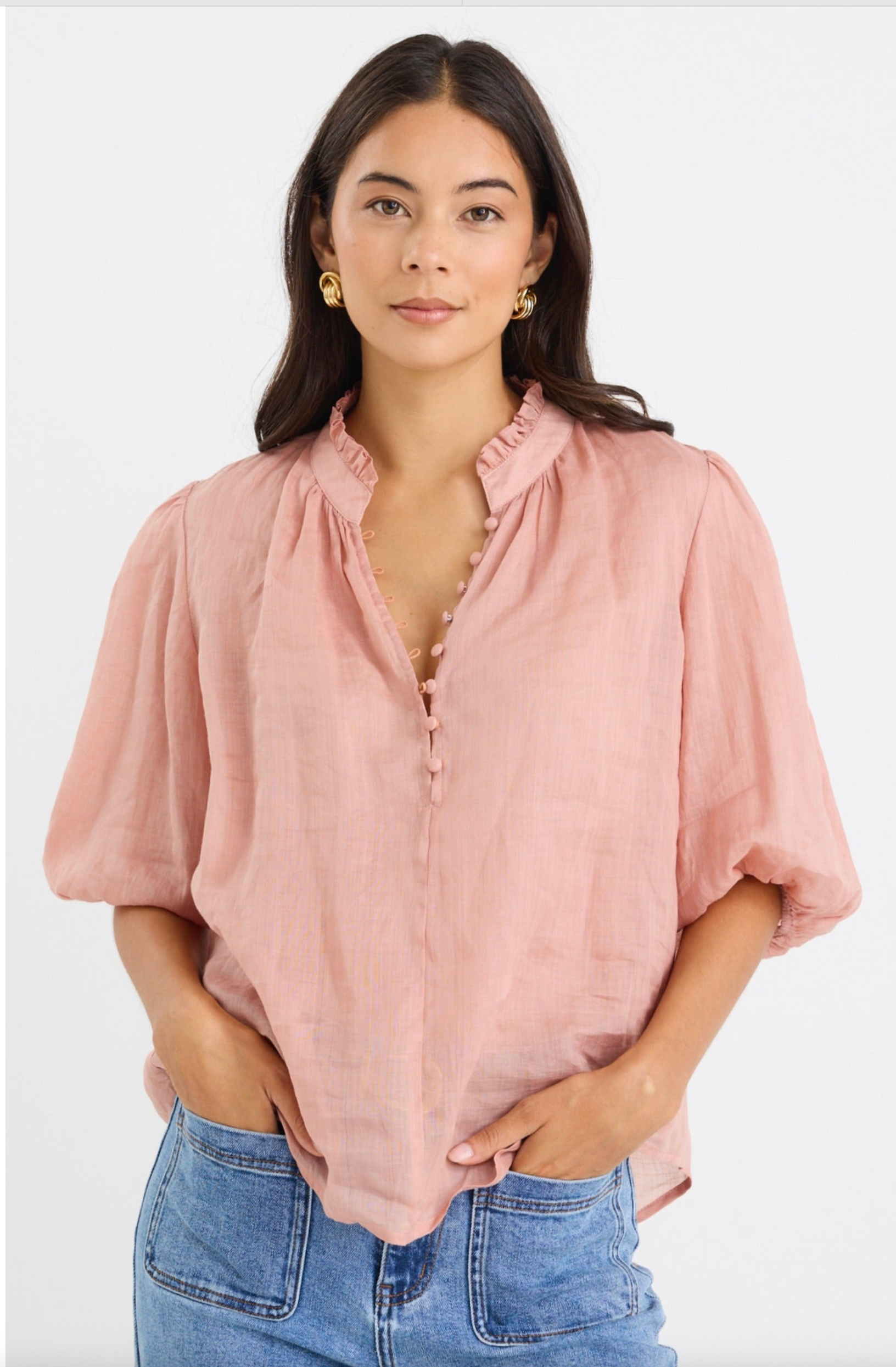 Closure blush ramie high neck buttoned top. Ivy & Jack