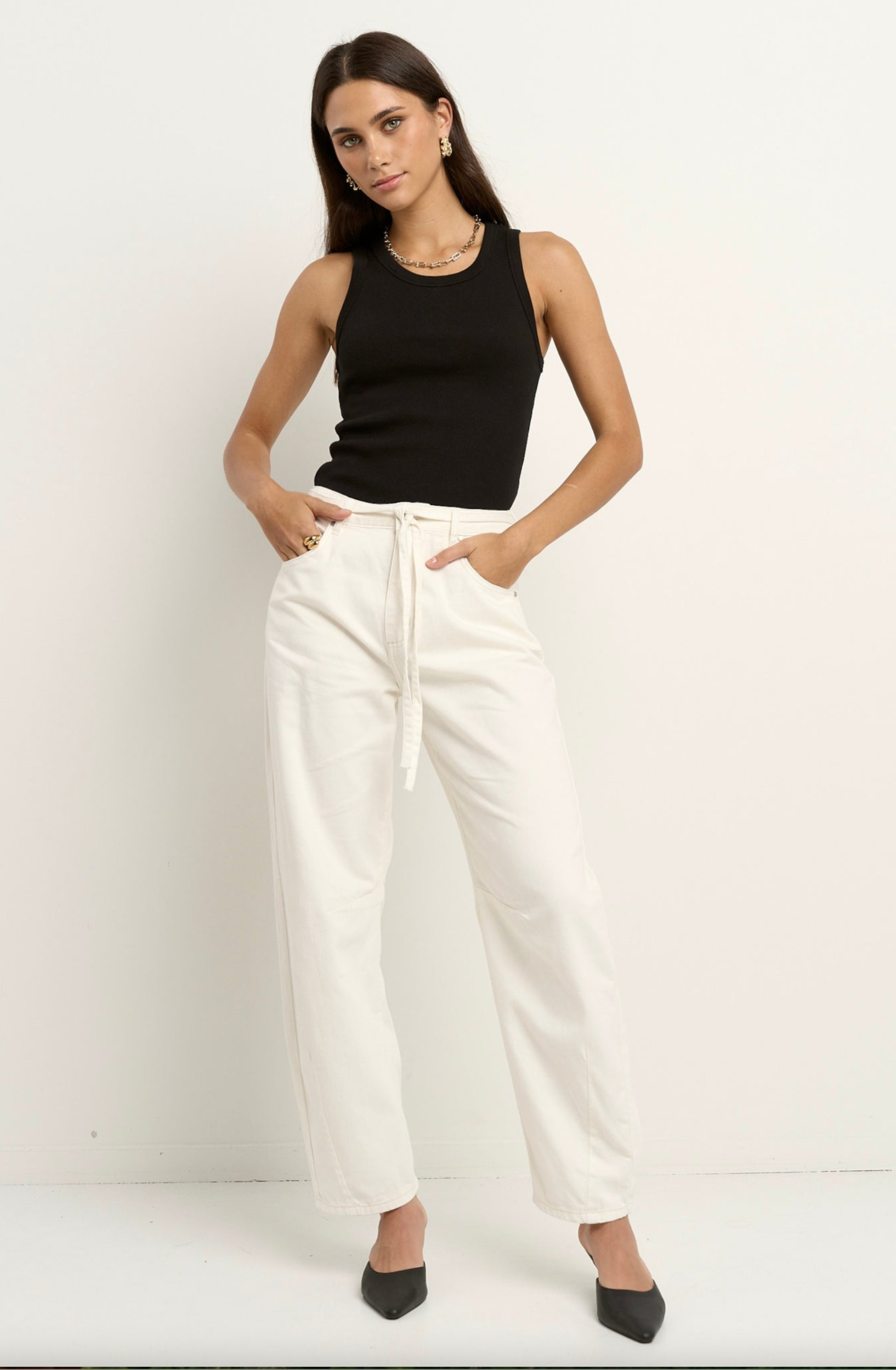Campus tie waist barrel jeans in Ecru or Light Blue