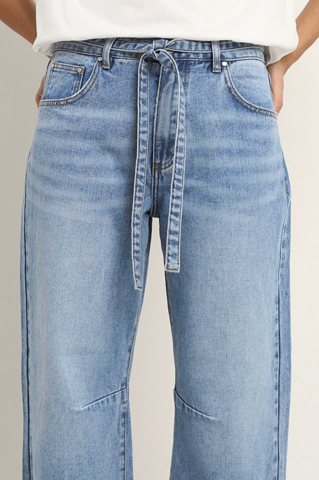 Campus tie waist barrel jeans in Ecru or Light Blue