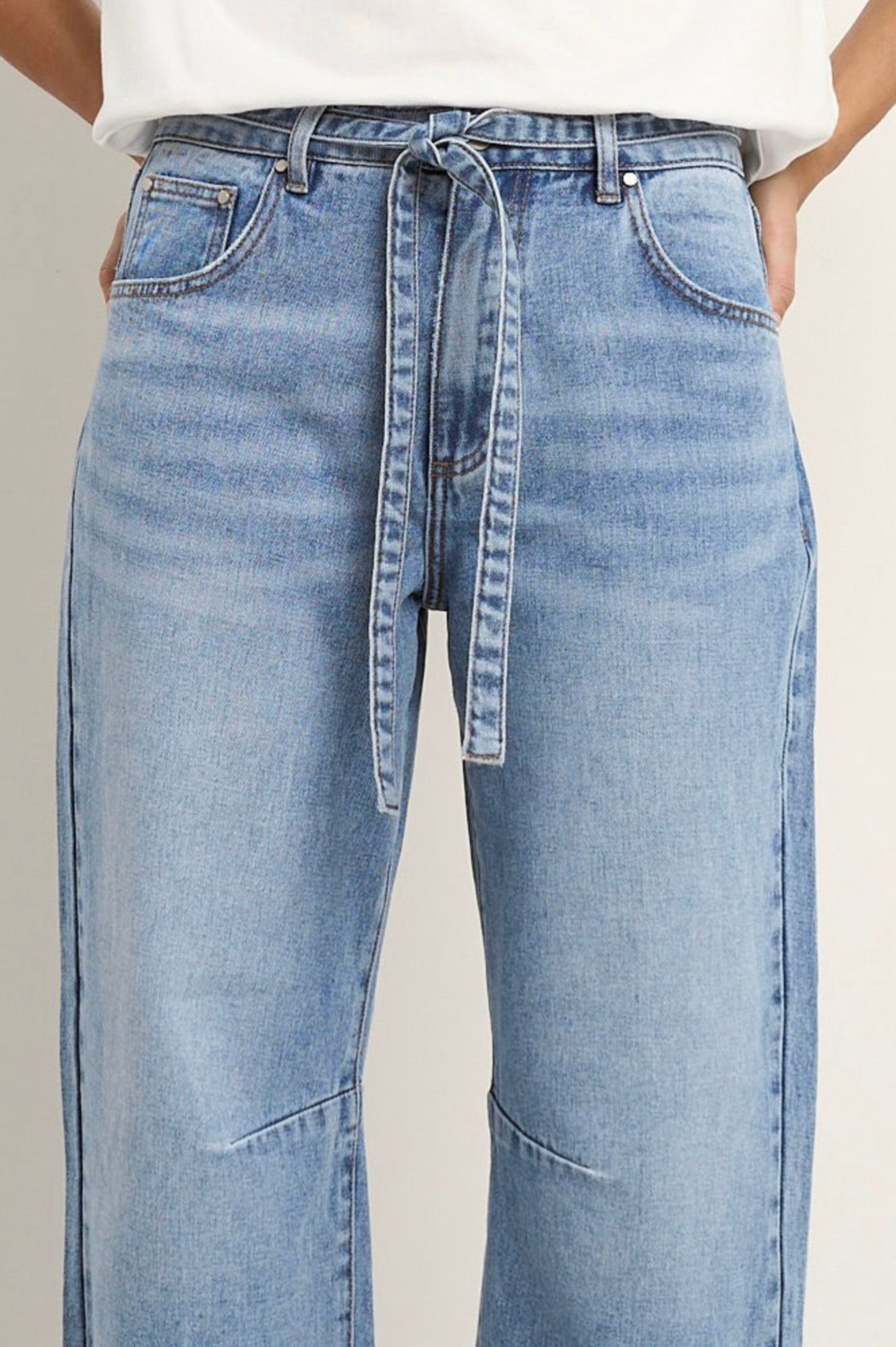 Campus tie waist barrel jeans in Ecru or Light Blue