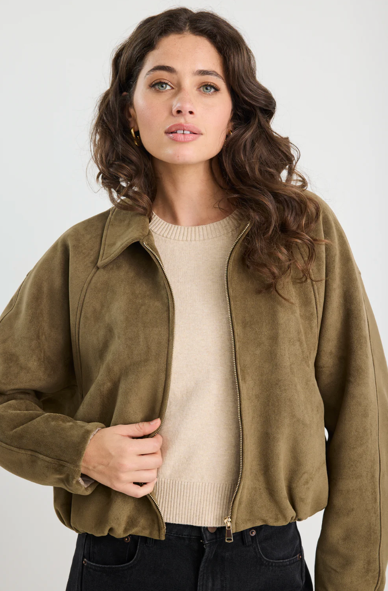 Troupe Mock Neck Suede Bubble Hem Jacket. Stories Be Told
