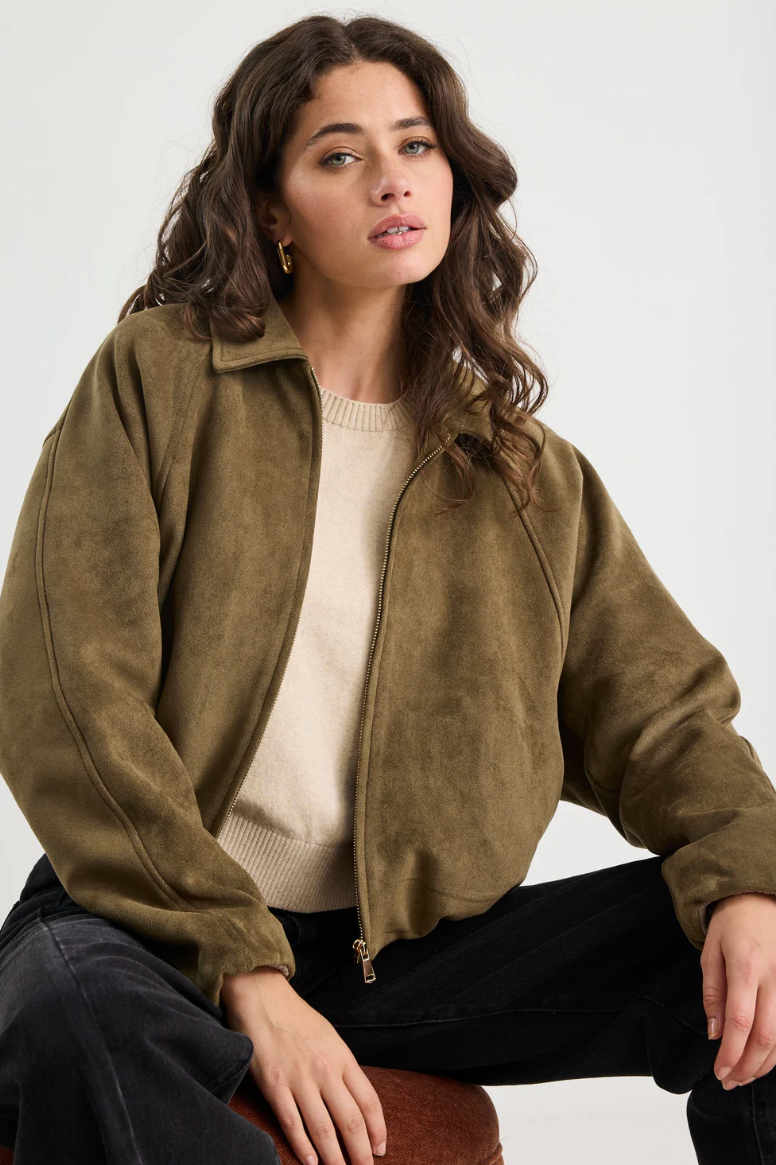 Troupe Mock Neck Suede Bubble Hem Jacket. Stories Be Told