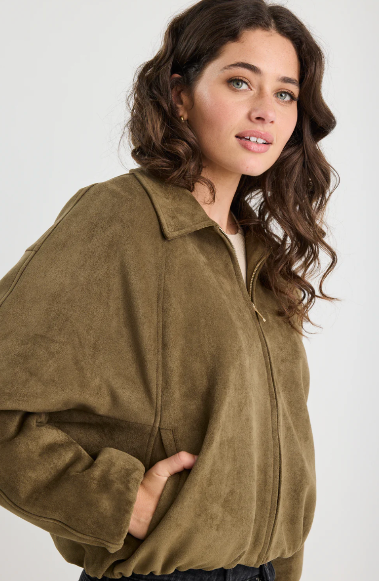 Troupe Mock Neck Suede Bubble Hem Jacket. Stories Be Told