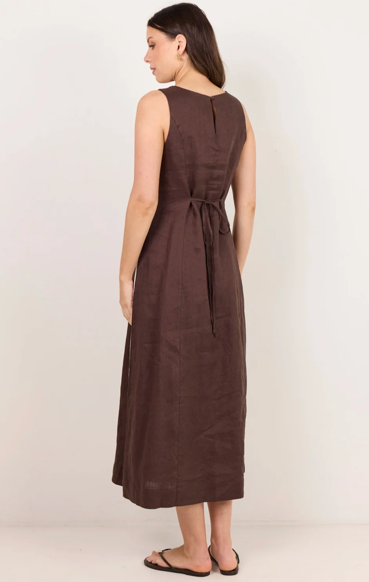 Future Dark Chocolate Linen Sleeveless Midi Dress - Stories Be Told