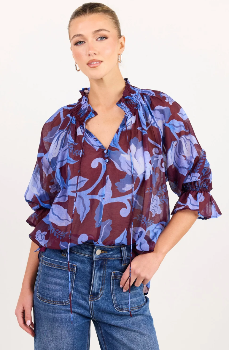 Expedition Burgundy Blue Floral Shirred Neck Short Sleeve Top