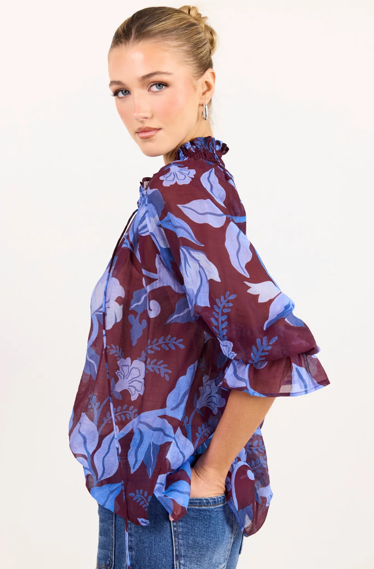 Expedition Burgundy Blue Floral Shirred Neck Short Sleeve Top