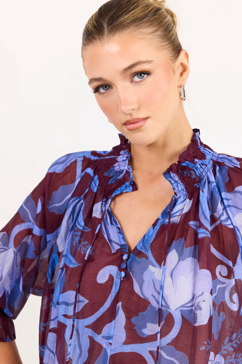Expedition Burgundy Blue Floral Shirred Neck Short Sleeve Top