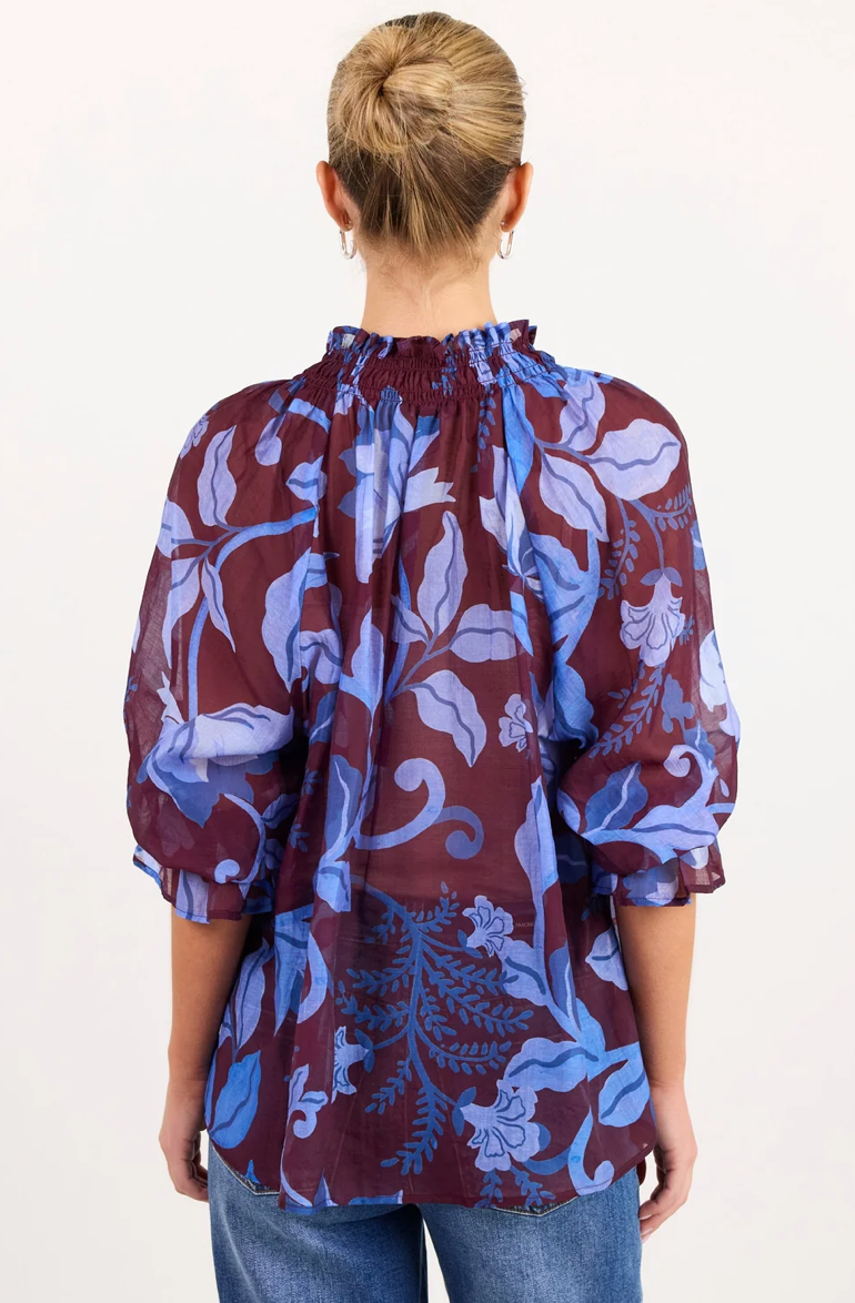 Expedition Burgundy Blue Floral Shirred Neck Short Sleeve Top