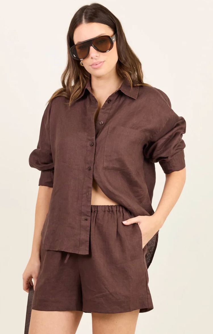 Lifestyle Dark Chocolate Linen Tie Waist Shorts - Re:Union