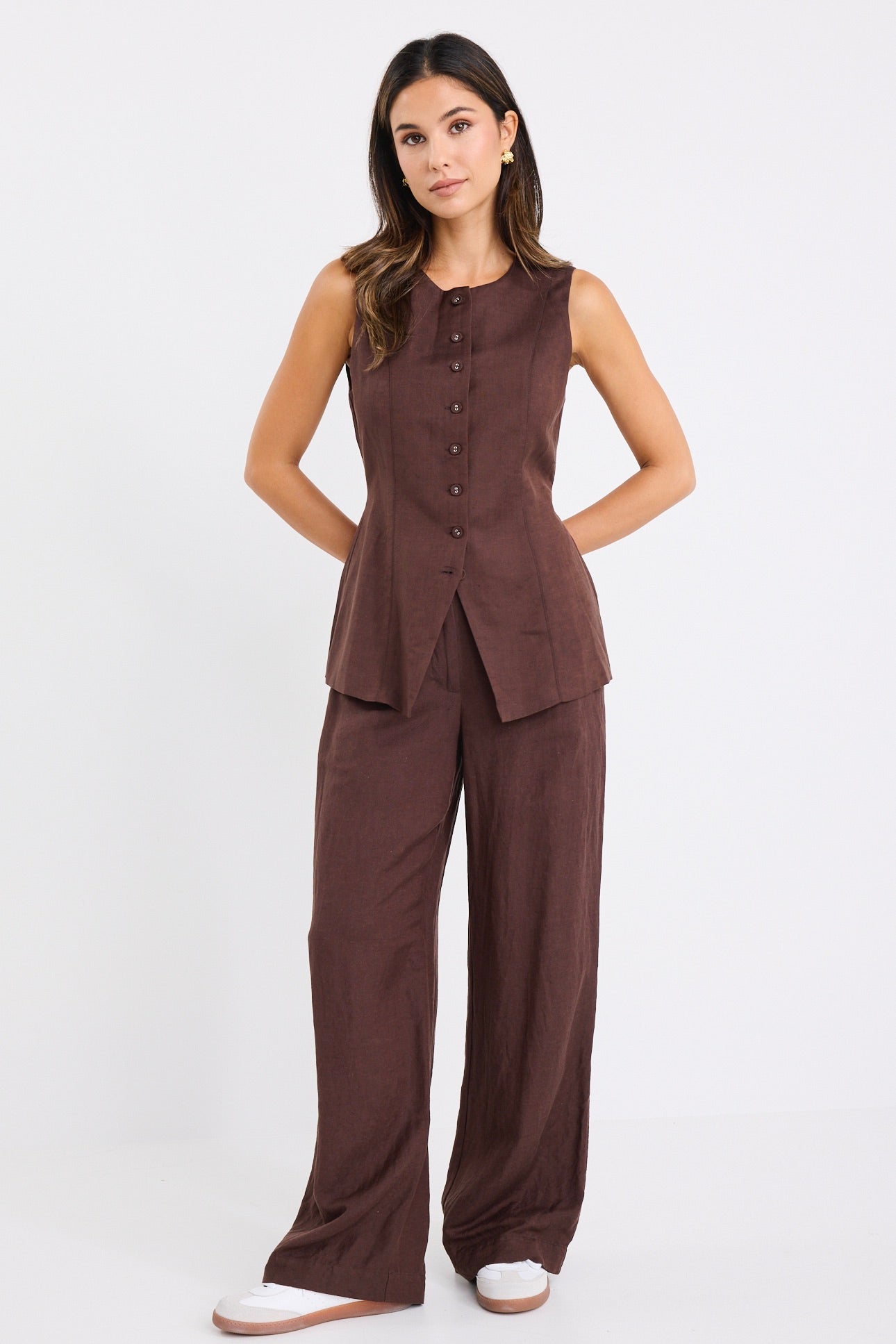 Shelter Chocolate Linen Viscose Flat Front Wide Pants
