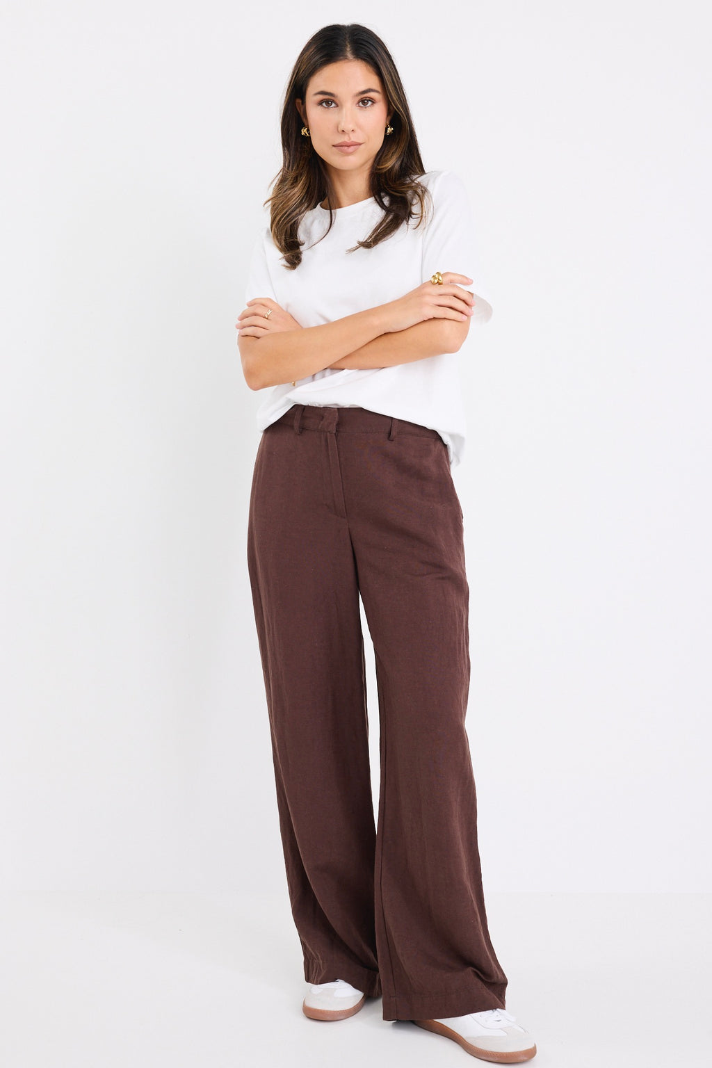 Shelter Chocolate Linen Viscose Flat Front Wide Pants