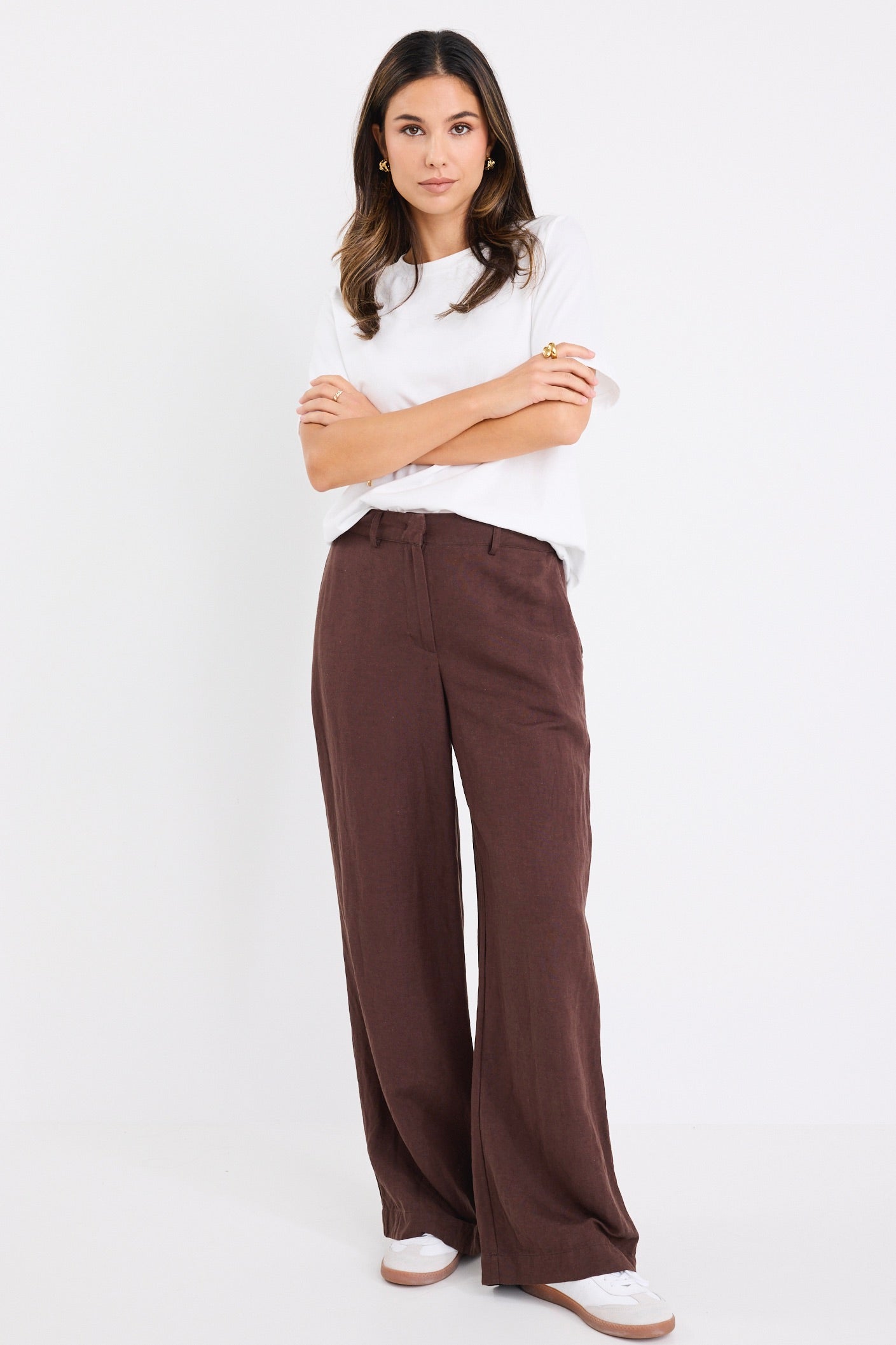 Shelter Chocolate Linen Viscose Flat Front Wide Pants