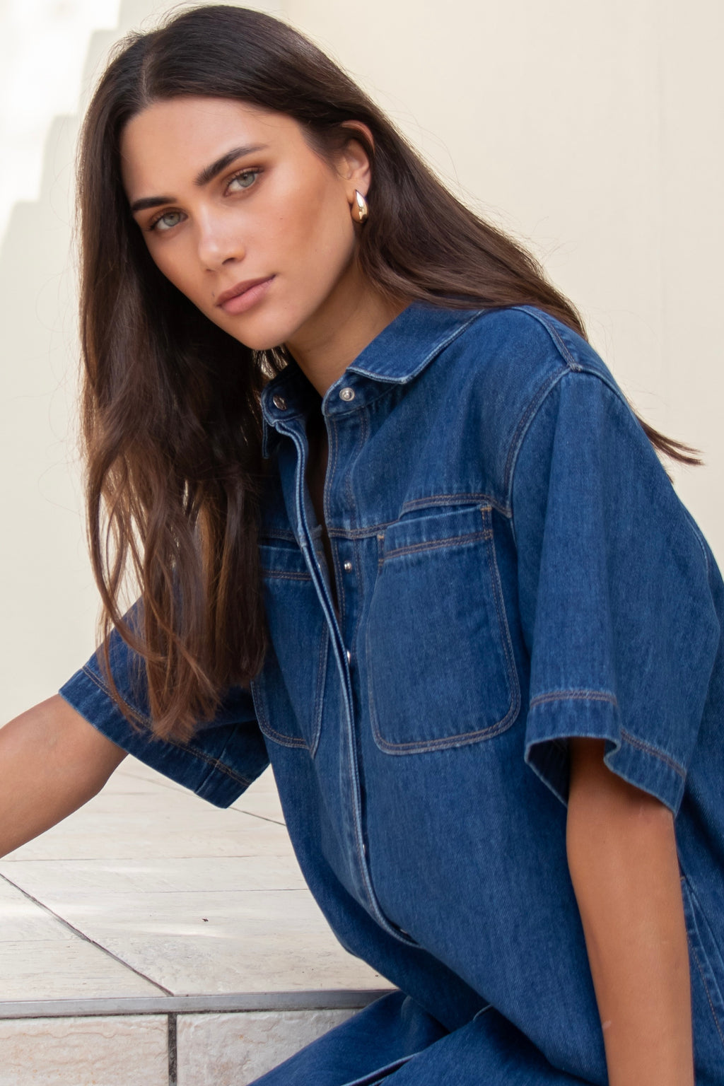 Shortcut Storm Blue Denim Short Sleeve Boxy Mini Shirt Dress