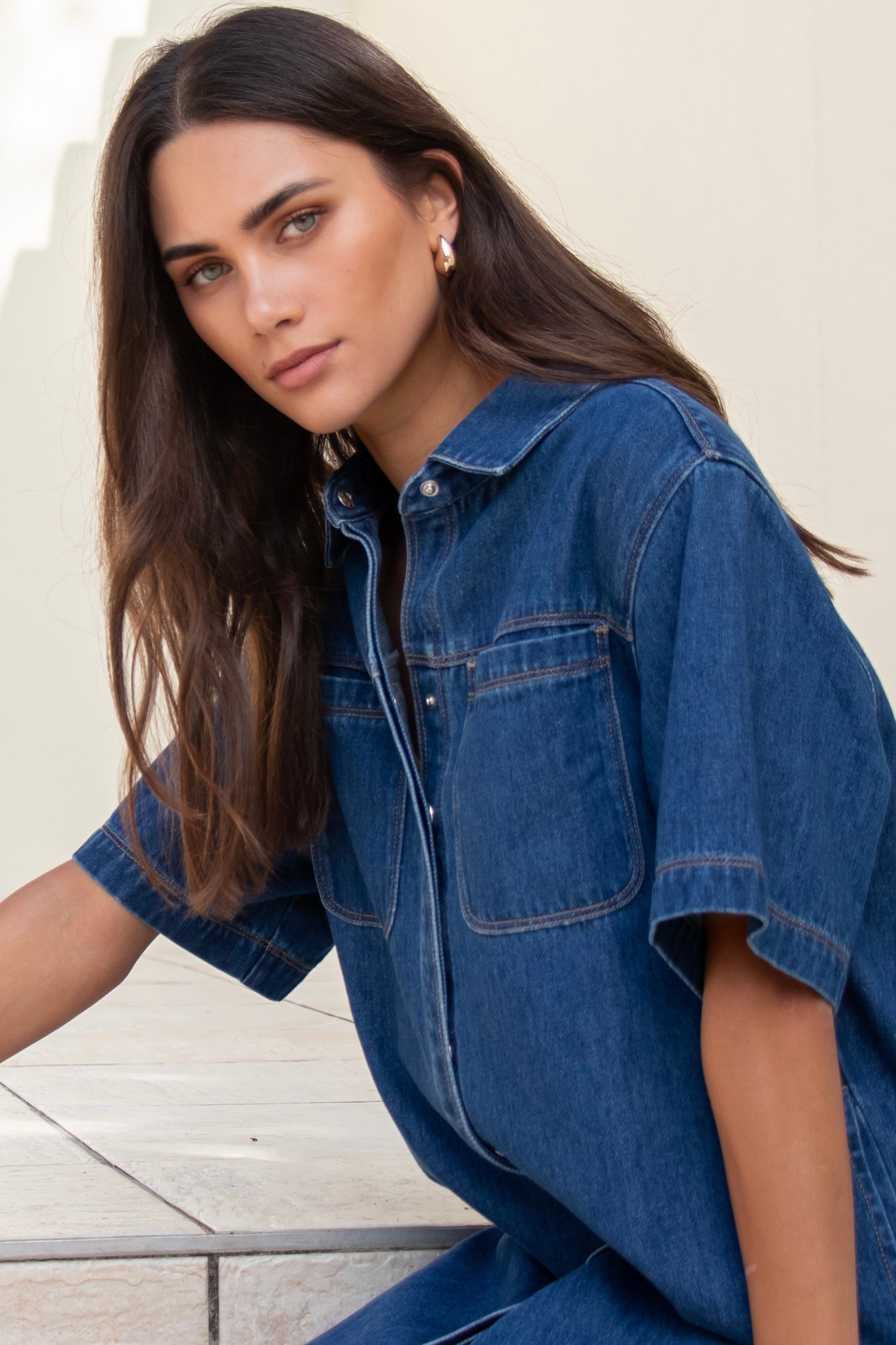 Shortcut Storm Blue Denim Short Sleeve Boxy Mini Shirt Dress