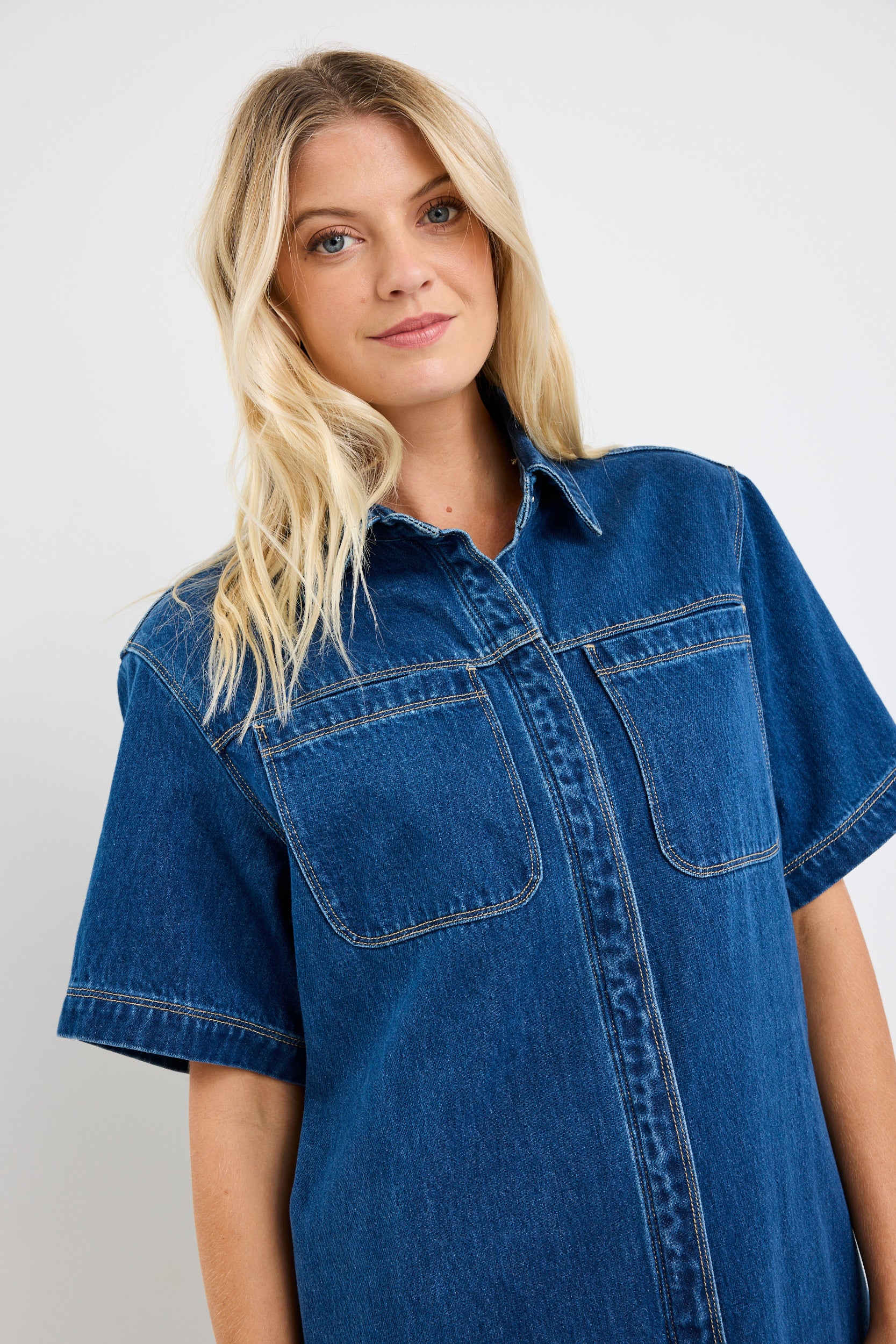 Shortcut Storm Blue Denim Short Sleeve Boxy Mini Shirt Dress