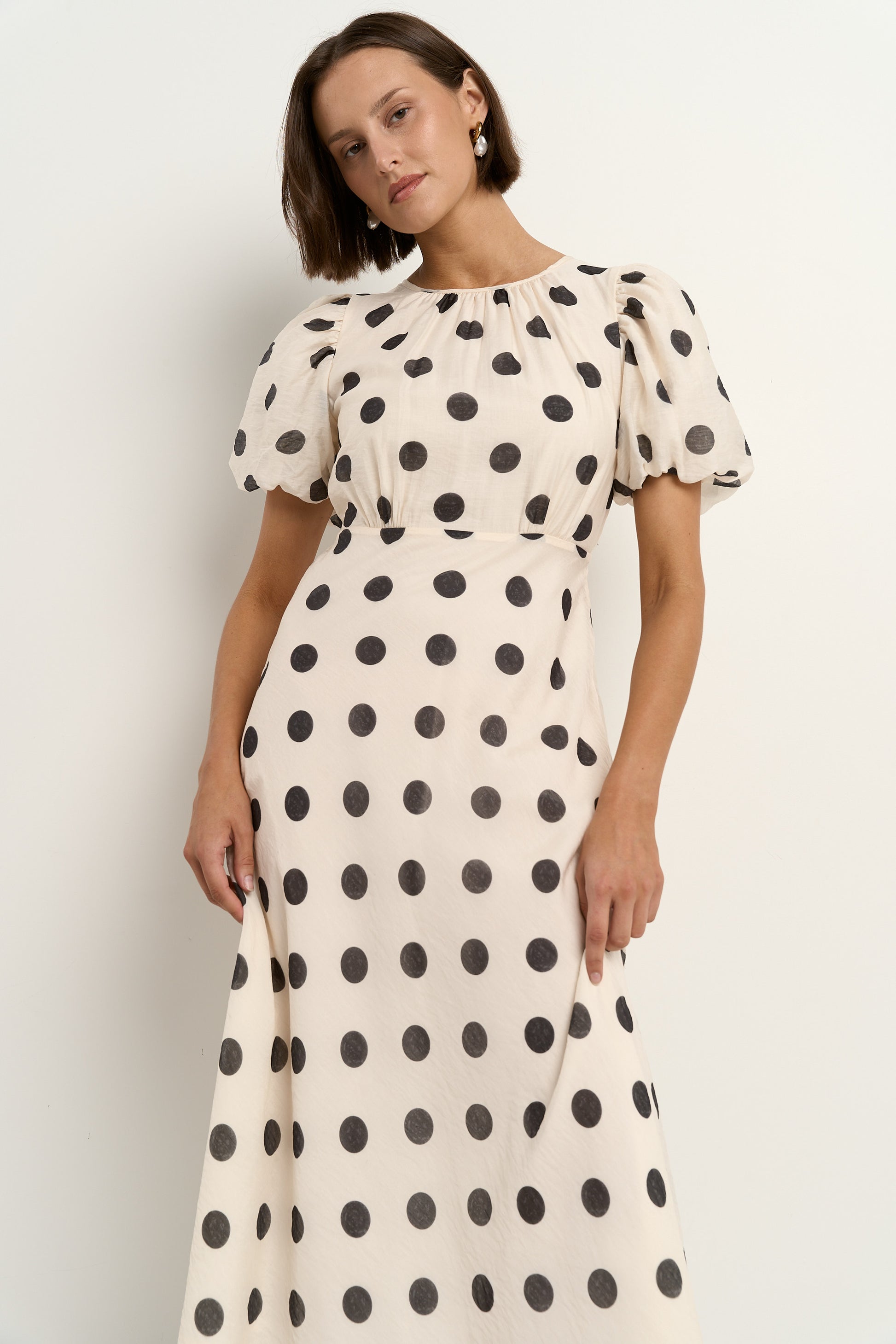 Stage cream and black polka dot puff sleeve floaty maxi dress