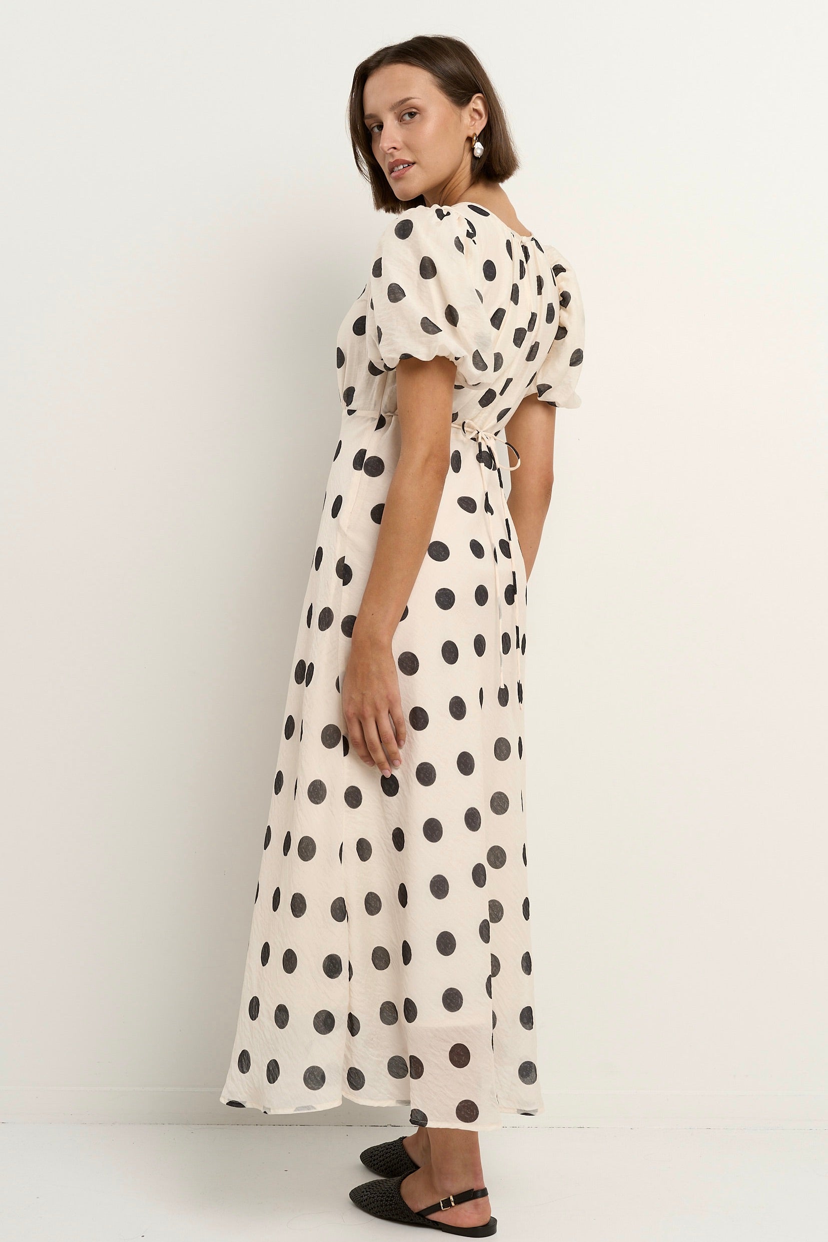 Stage cream and black polka dot puff sleeve floaty maxi dress
