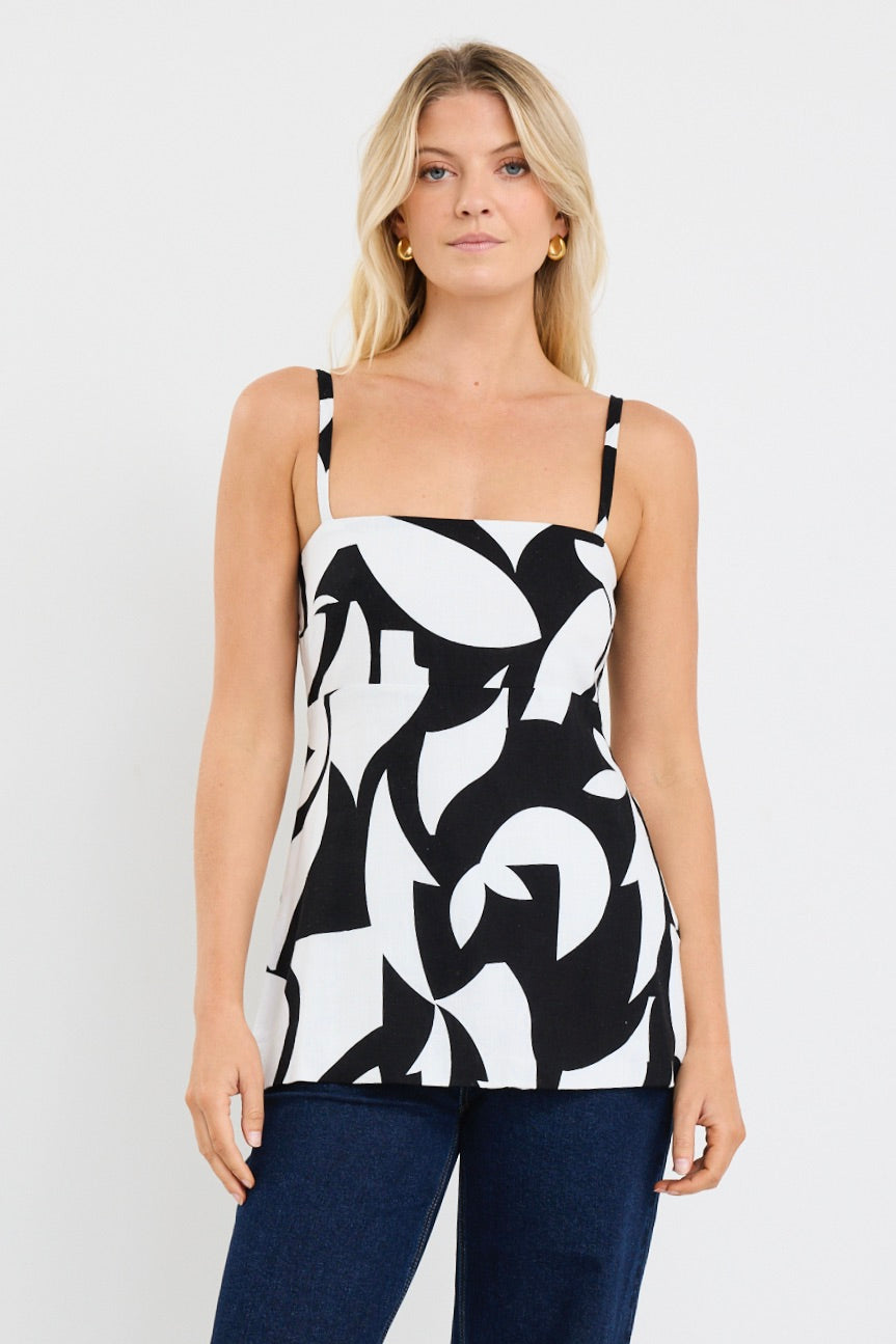 Sunkissed Black Ivory Cutout Print Split Hem Cami Top