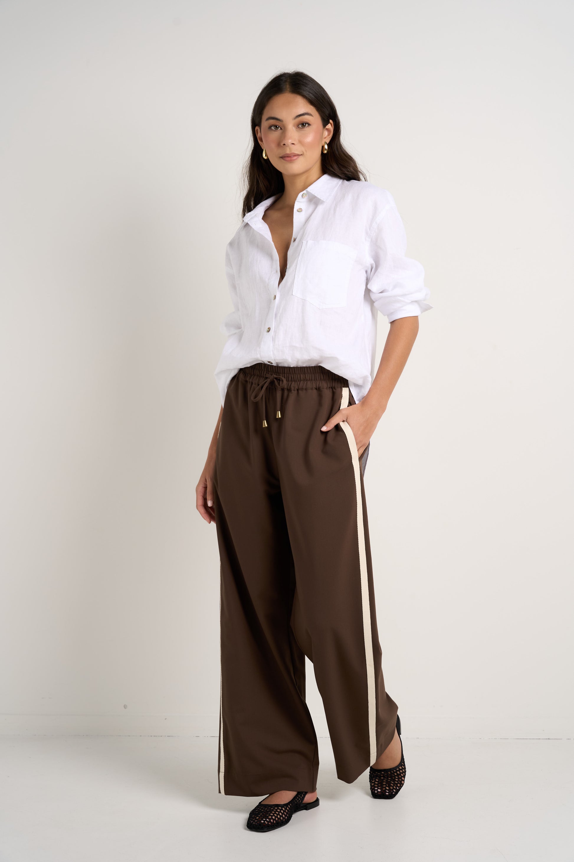 Townie Chocolate Stripe Side Tape Wide Leg Pants