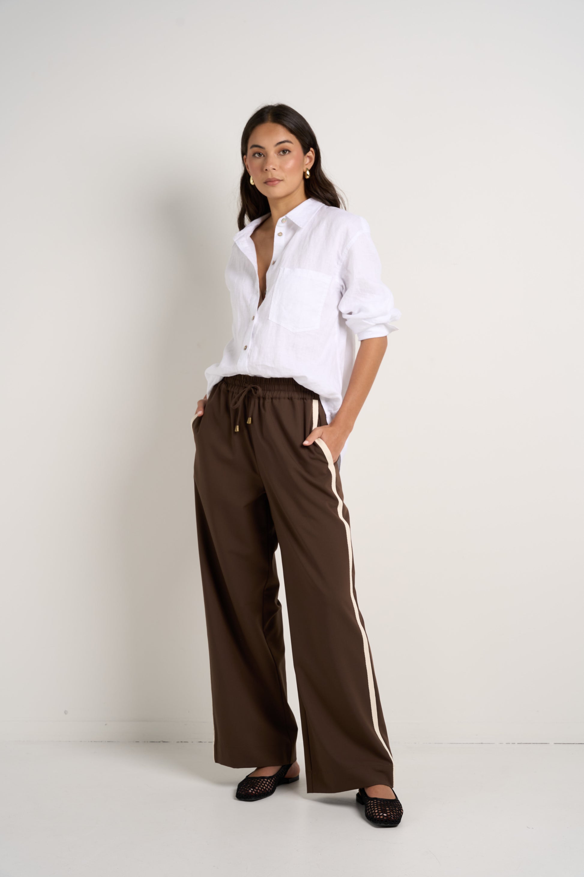Townie Chocolate Stripe Side Tape Wide Leg Pants