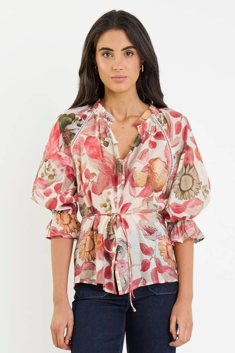 Usher Blush Woodland Floral Belted Button Top