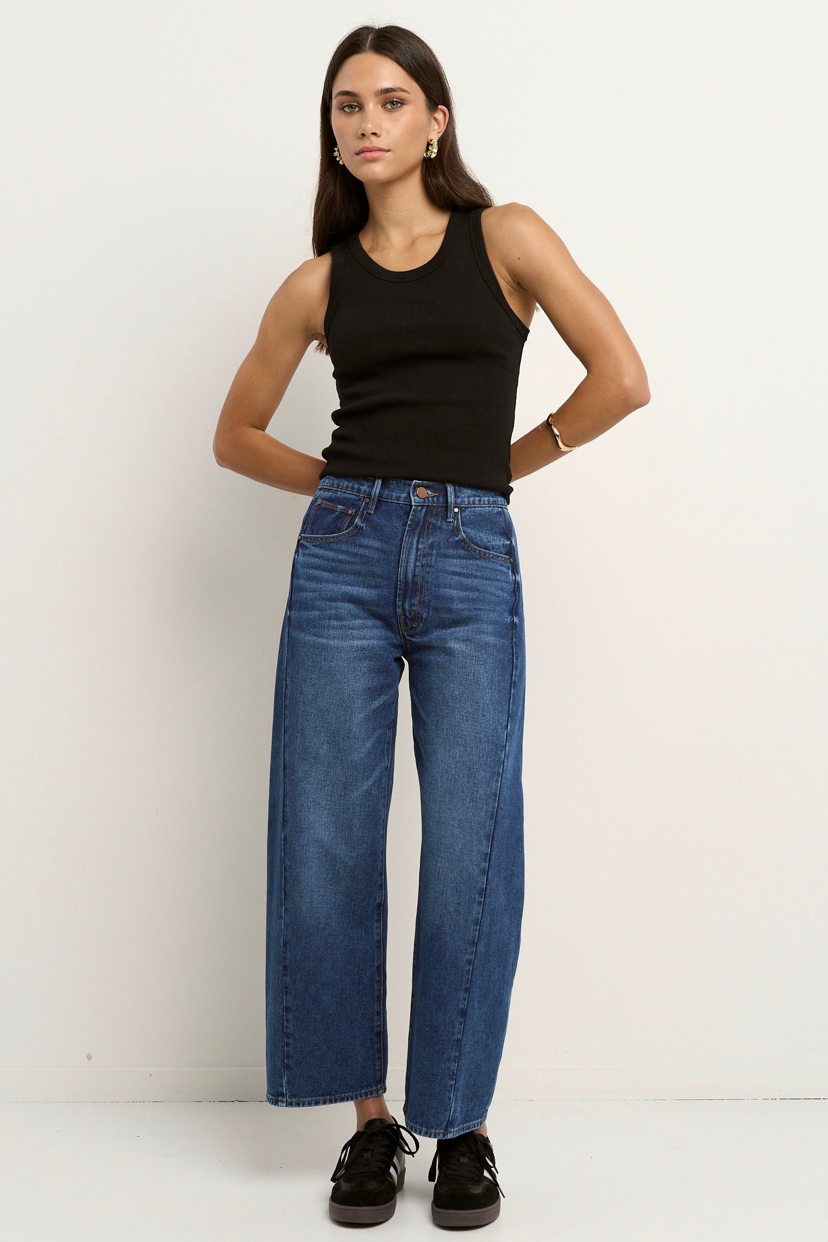 Varsity deep blue forward seam barrel jeans