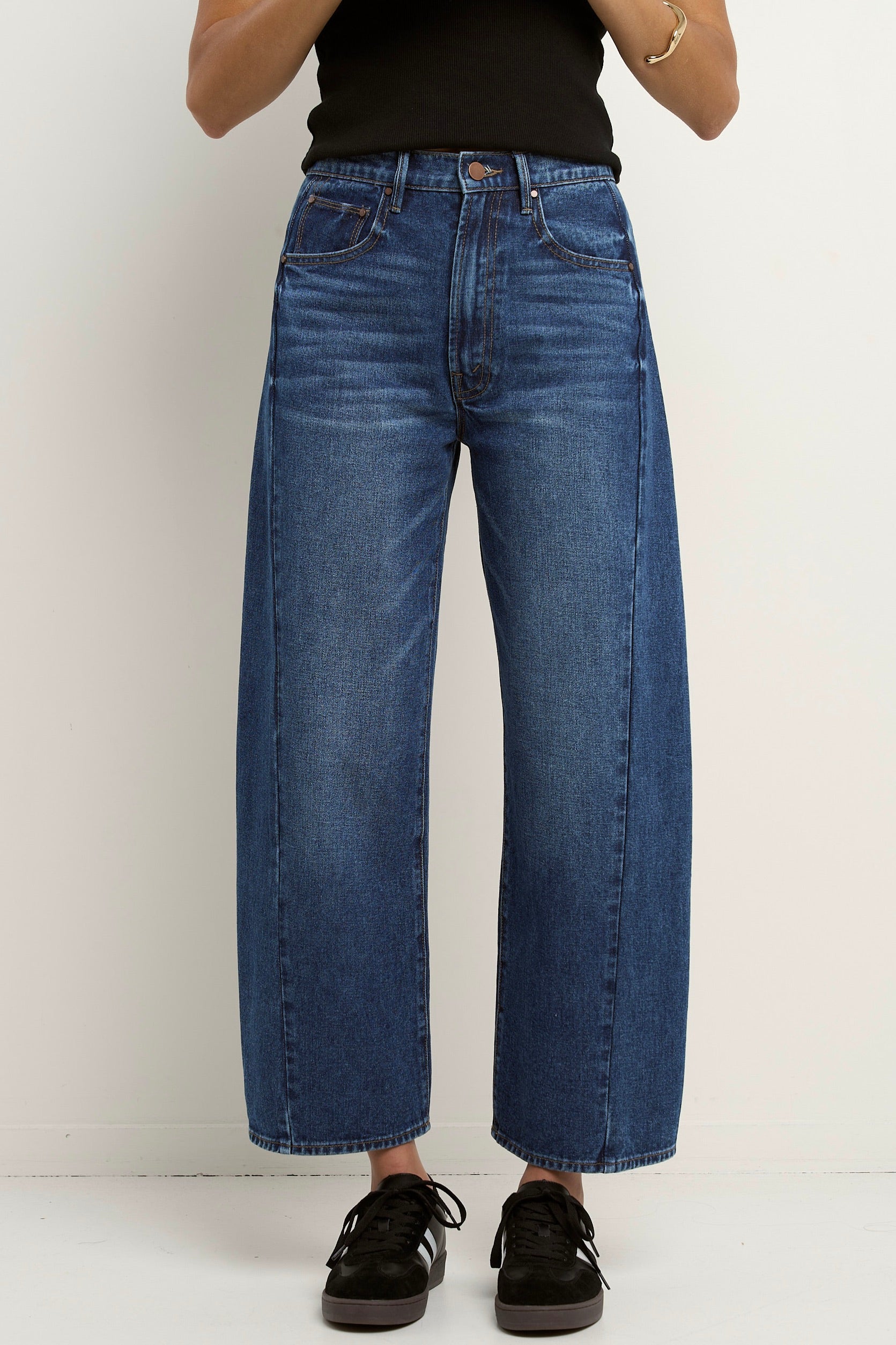 Varsity deep blue forward seam barrel jeans