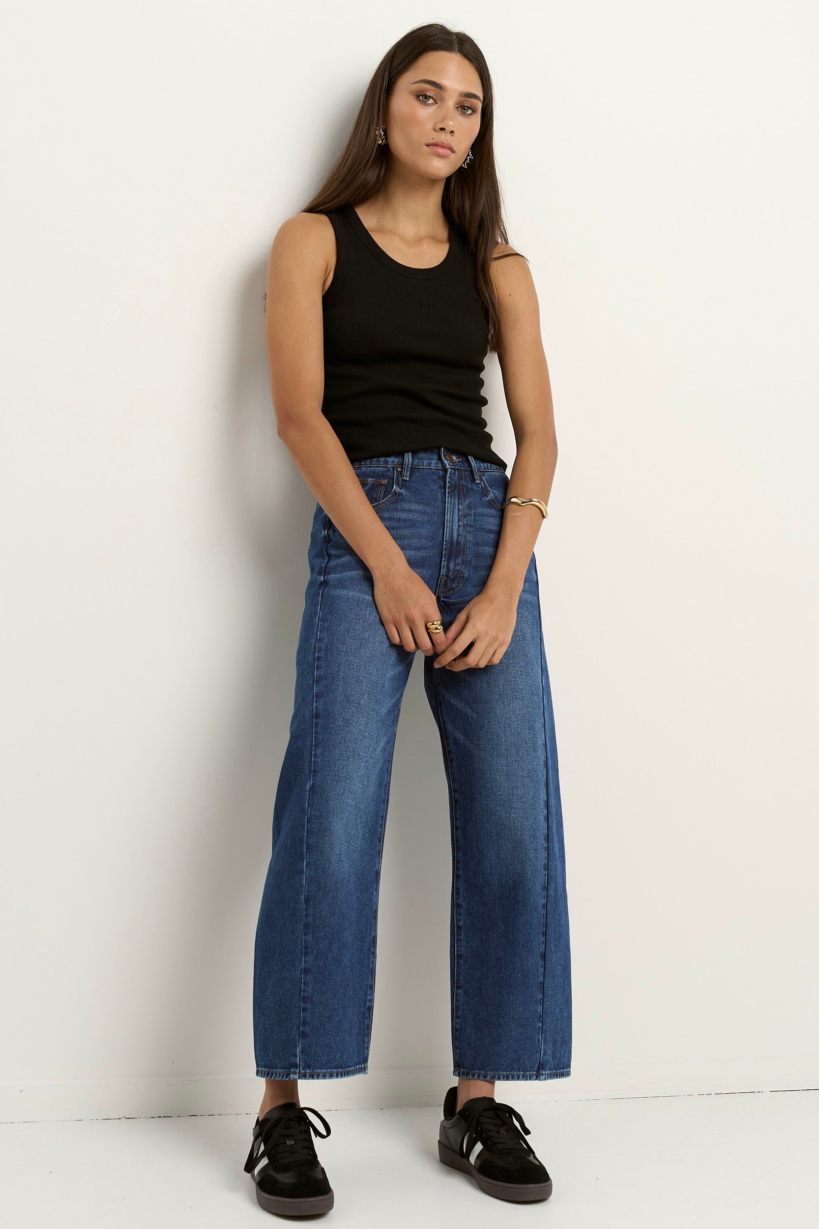 Varsity deep blue forward seam barrel jeans