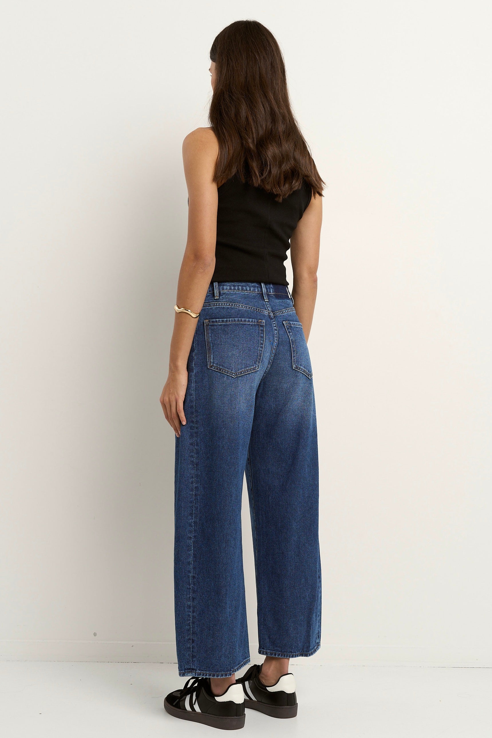 Varsity deep blue forward seam barrel jeans