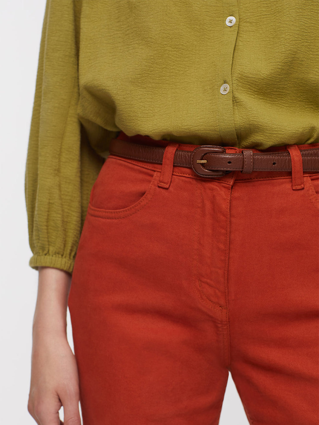 Leather Belt with Buckle Lined in Olive, Brown or Creme