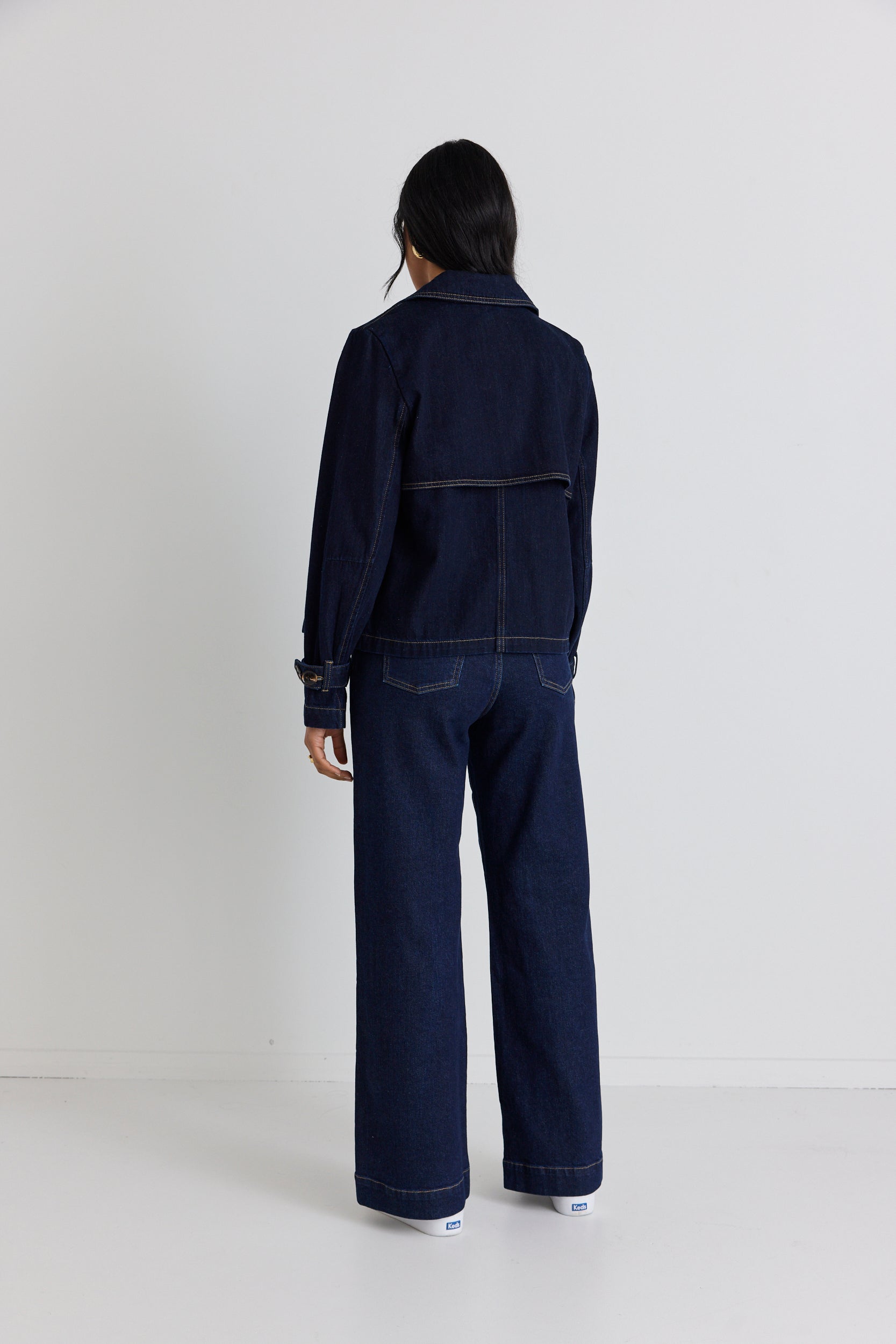 Western Indigo Cropped Denim Trench Coat