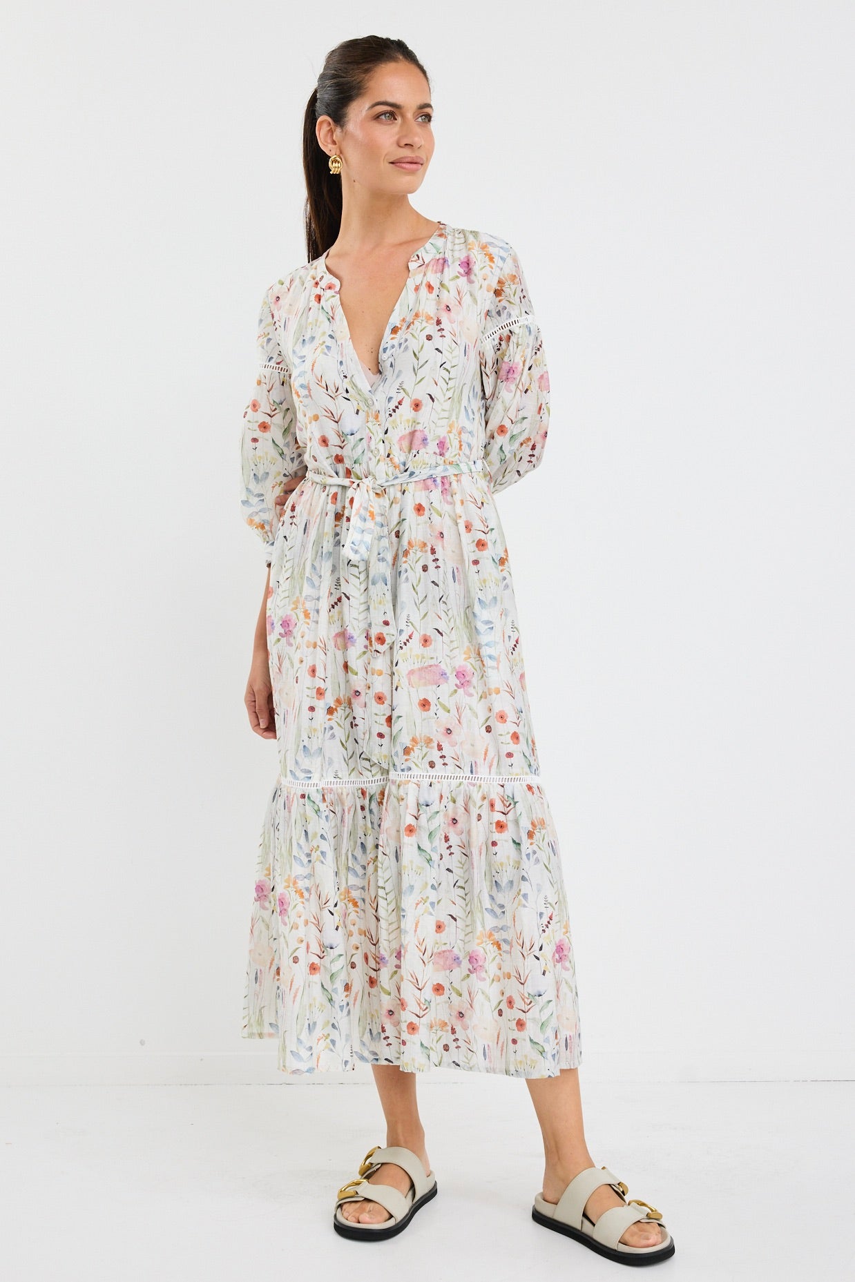 Wisdom Cream Floral Balloon Sleeve Midi Shirt Dress