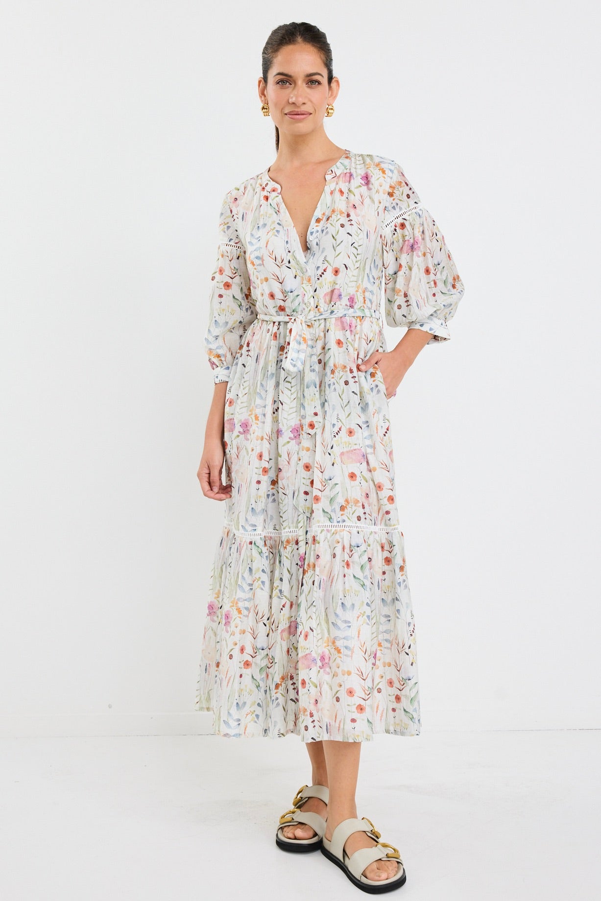 Wisdom Cream Floral Balloon Sleeve Midi Shirt Dress